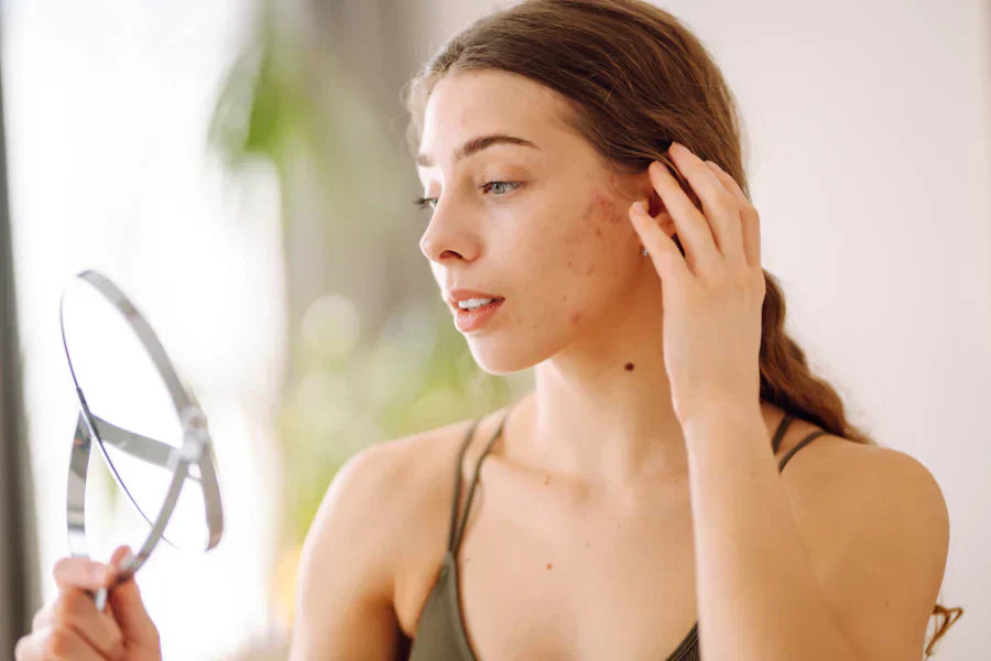 Woman looking into the mirror, showing concerns on her acne scar