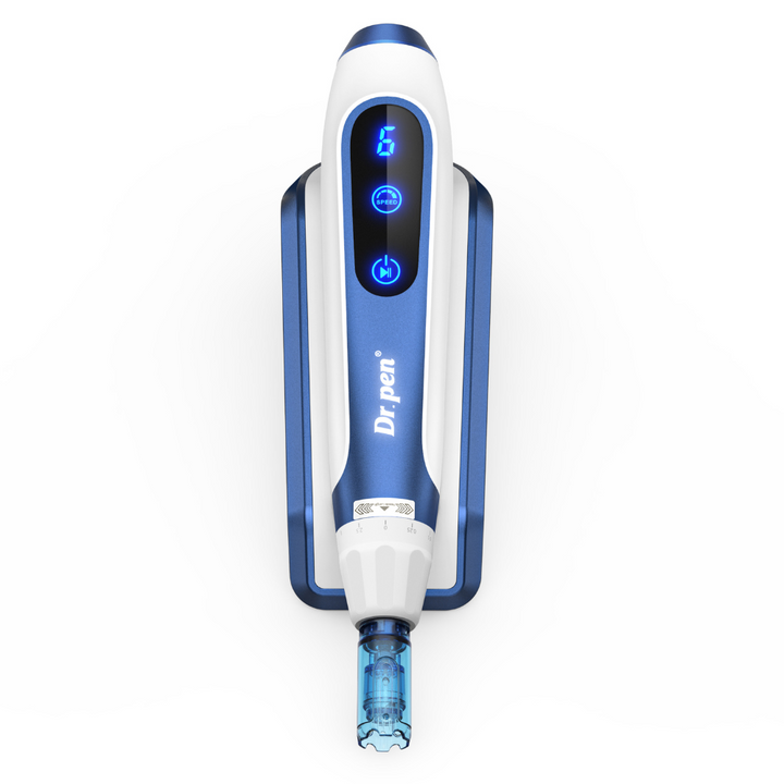 Top down view of Dr. Pen A11 Ultima PRO Microneedling Pen placed on its charging base