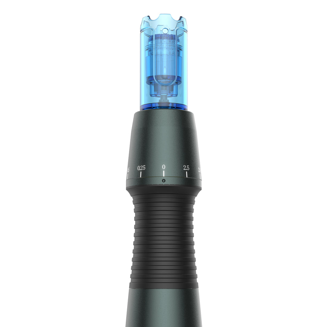 Close-up on the tip of Dr. Pen A20 Advanced Microneedling Pen  with its cartridge attached